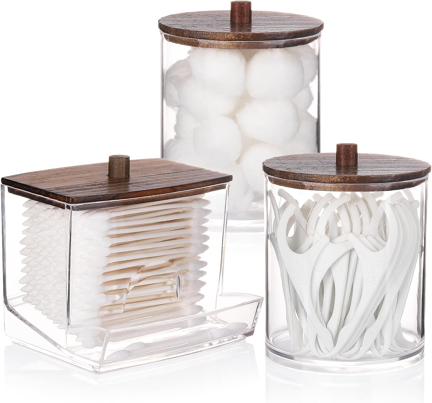 Set of clear canisters for cotton ball storage organizer with wooden lids for a stylish bathroom decor