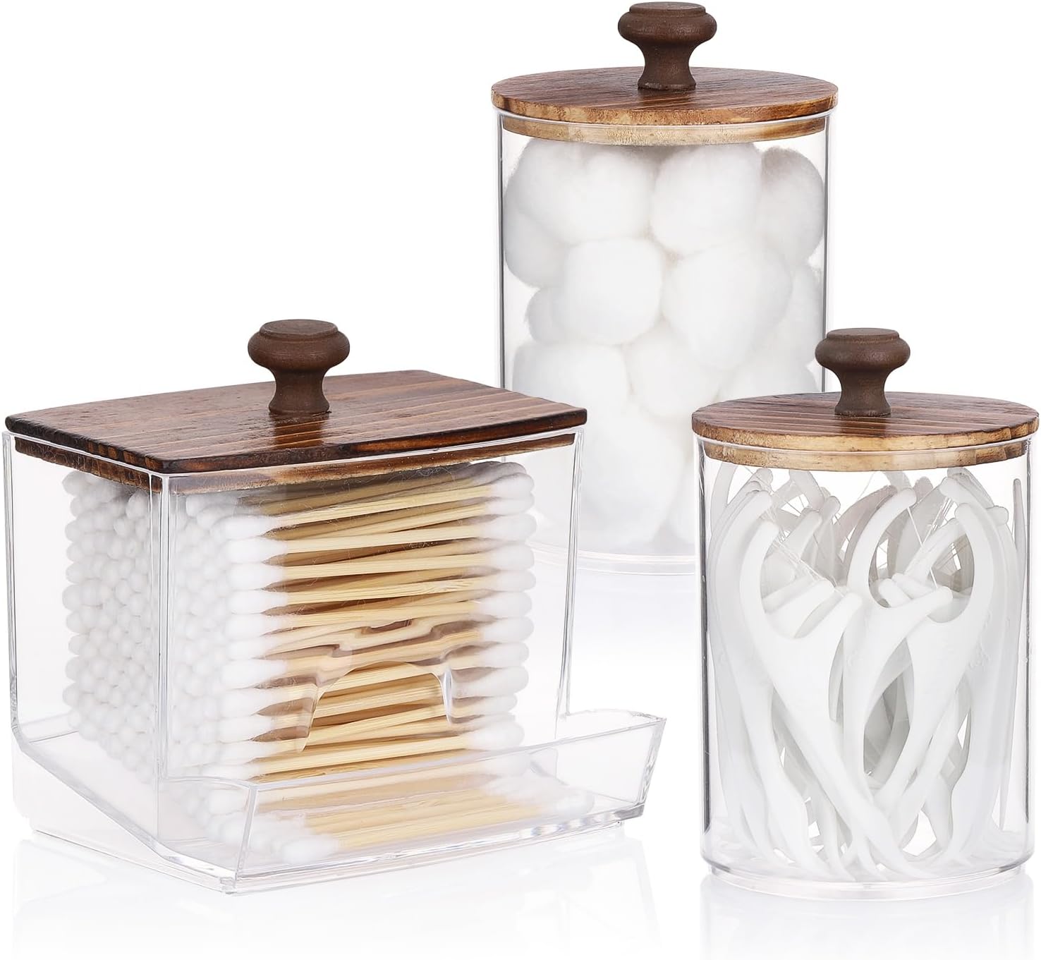Fixtur Services Cotton Ball Storage Organizer Set with Stylish Wooden Lids for Bathroom Essentials