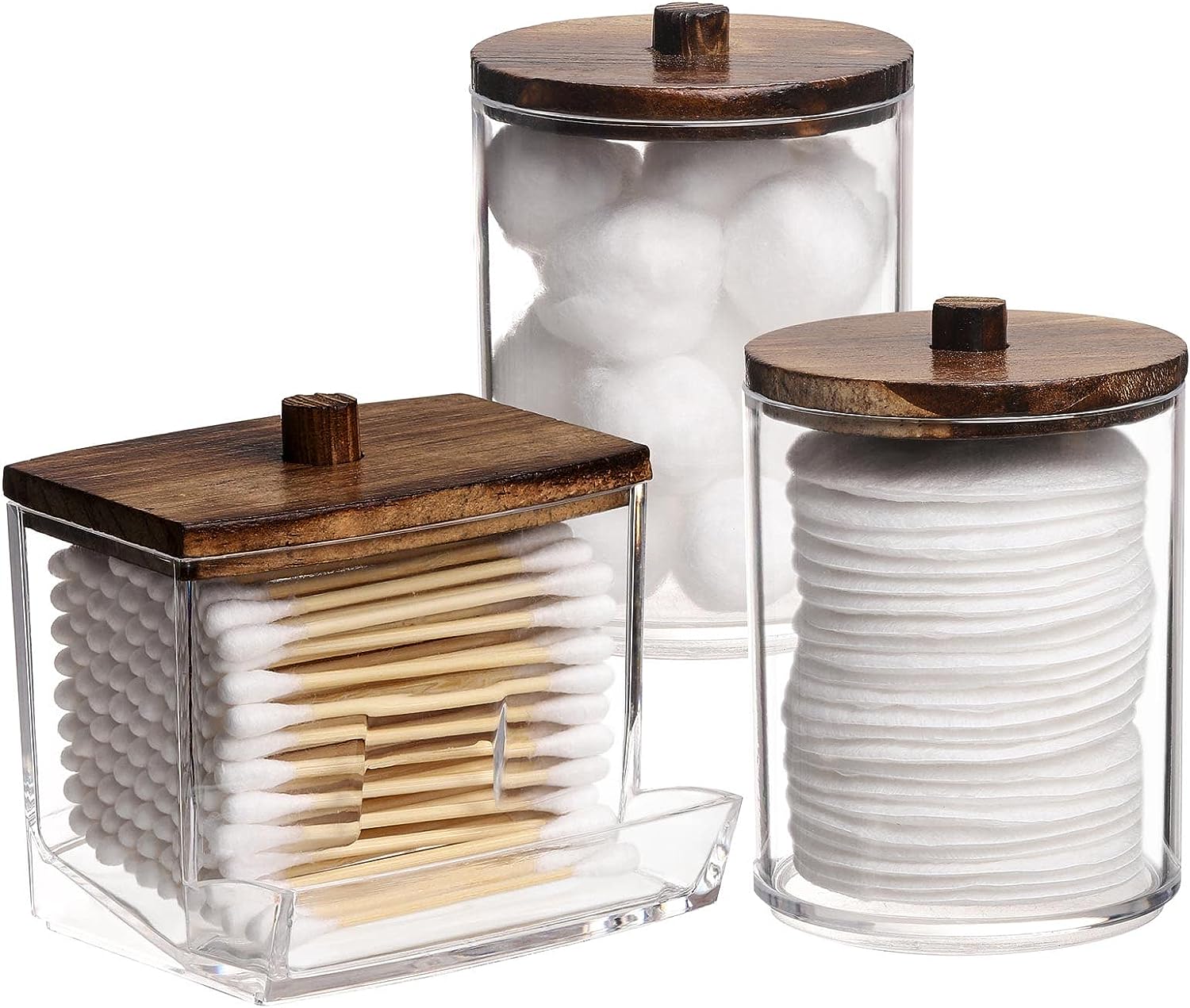 Fixtur Services cotton ball storage organizer with clear canisters and wooden lids for bathroom essentials