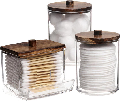 Fixtur Services cotton ball storage organizer with clear canisters and wooden lids for bathroom essentials