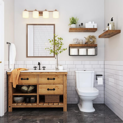Stylish bathroom with floating shelves over toilet and a wooden vanity for optimal storage