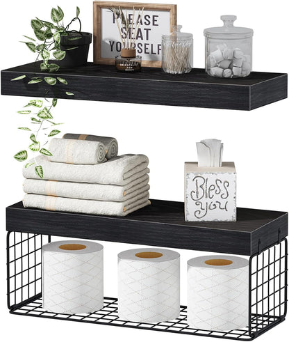 Fixtur Services floating shelves over toilet with decorative items, towels, and toilet paper storage