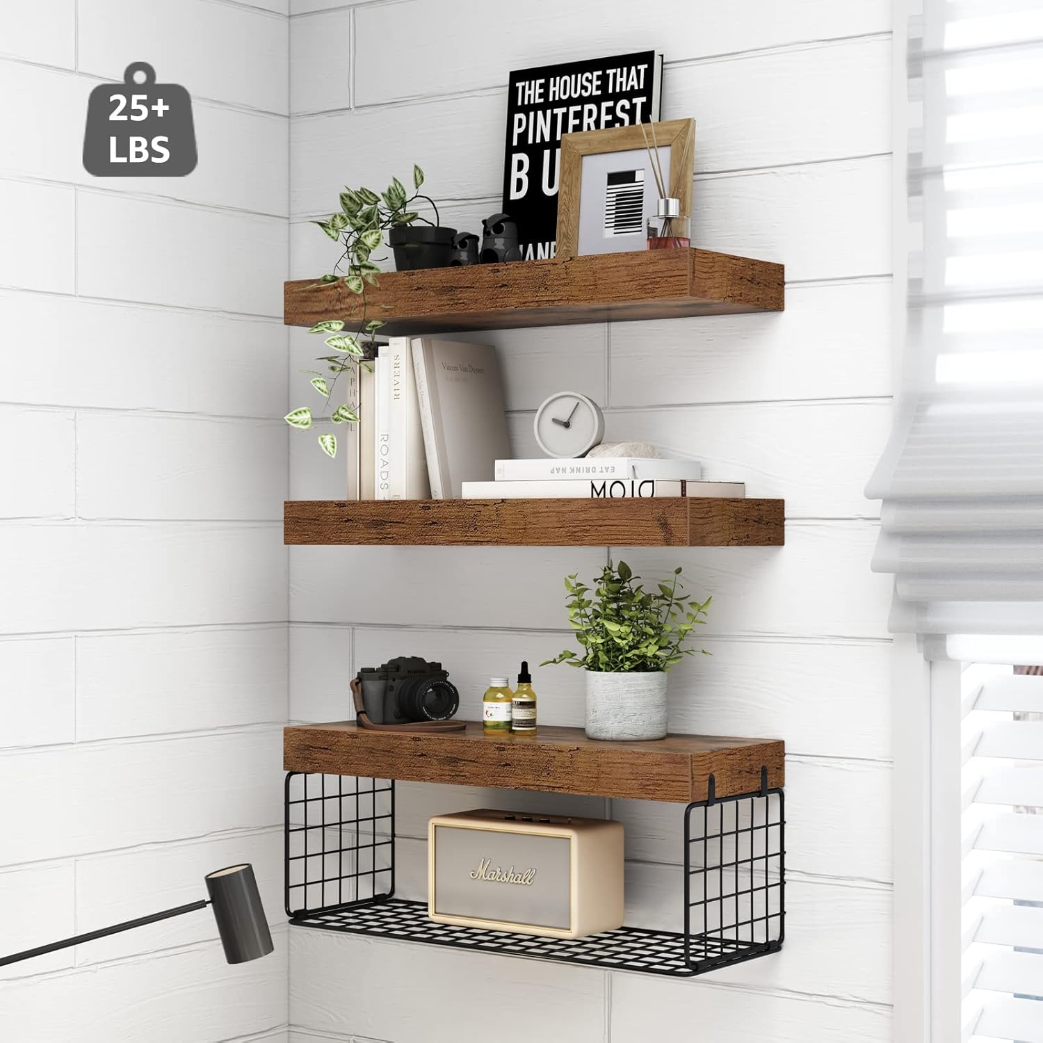 Stylish floating shelves over toilet with wood finish for bathroom storage and decor