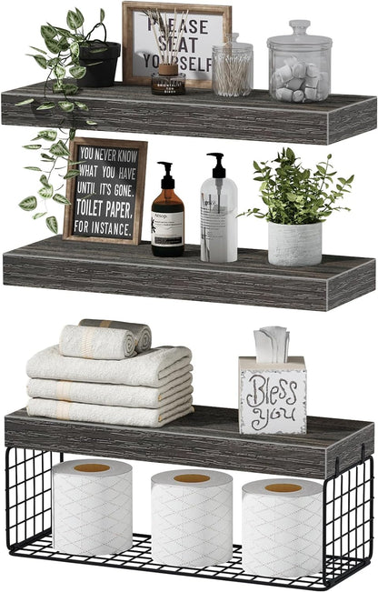 Stylish floating shelves over toilet with decorative plants, toiletries, and storage for towels and toilet paper