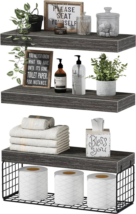 Stylish floating shelves over toilet with decorative plants, toiletries, and storage for towels and toilet paper
