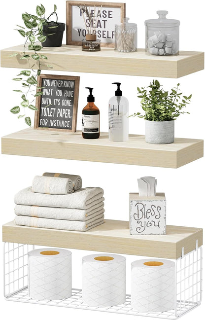 Floating shelves over toilet with decorative items, towels, and toilet paper storage for bathroom organization