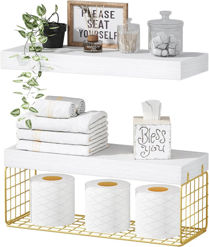 Stylish floating shelves over toilet with decorative items, towels, and toilet paper for bathroom organization