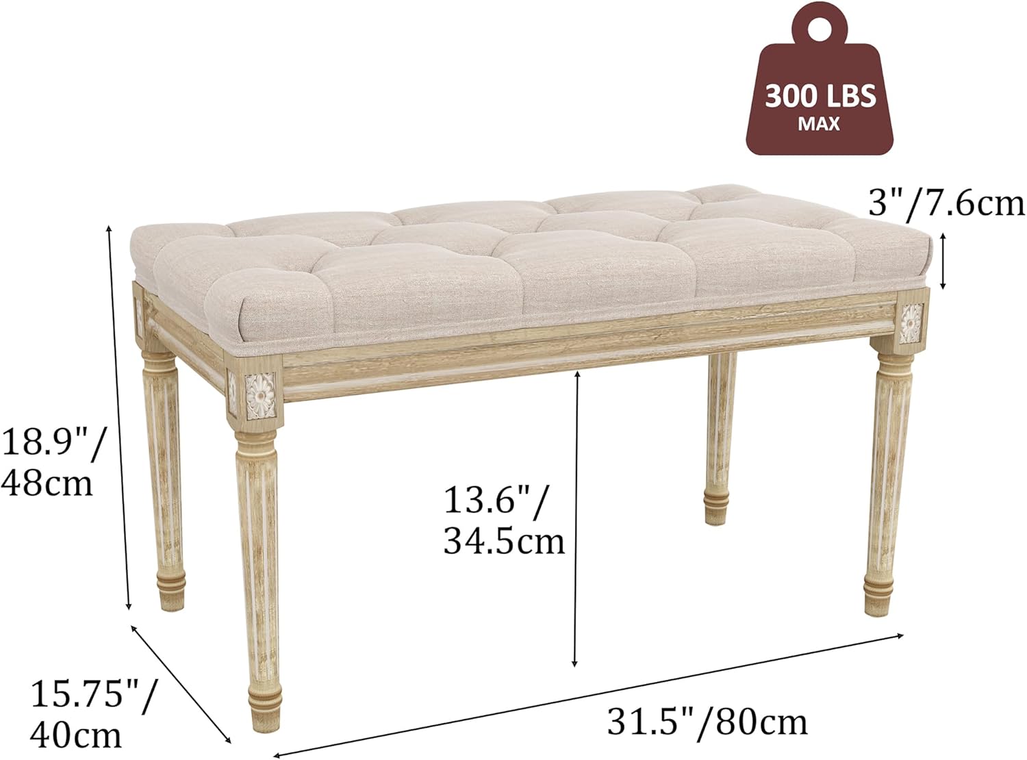 Elegant upholstered bedroom bench with tufted design and sturdy wooden legs, supports up to 300 lbs