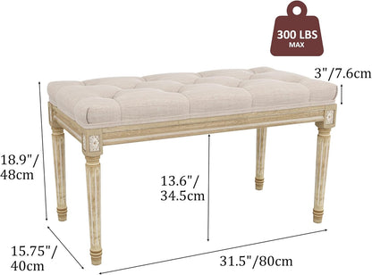 Elegant upholstered bedroom bench with tufted design and sturdy wooden legs, supports up to 300 lbs