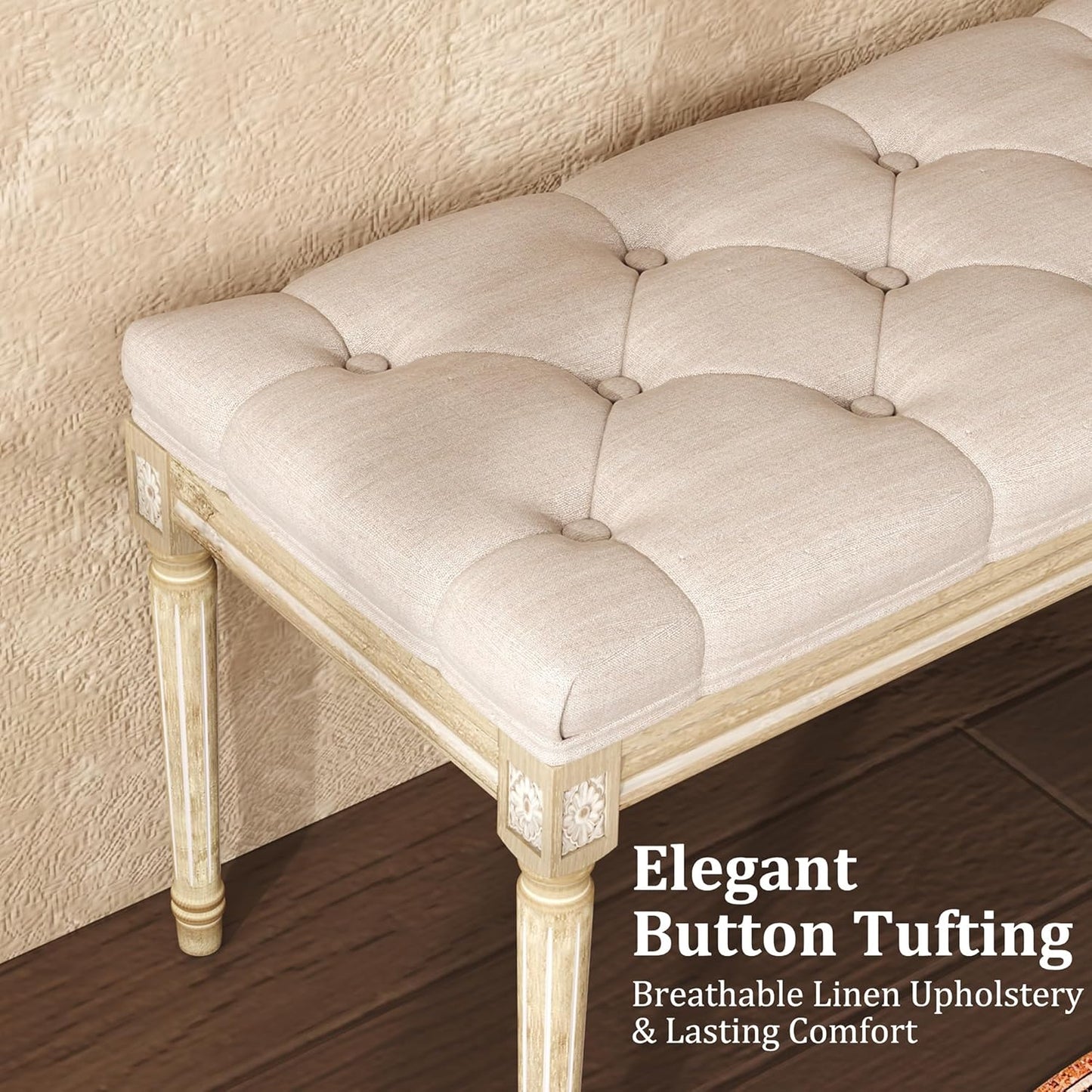 Elegant upholstered bedroom bench with button tufting and breathable linen upholstery for lasting comfort
