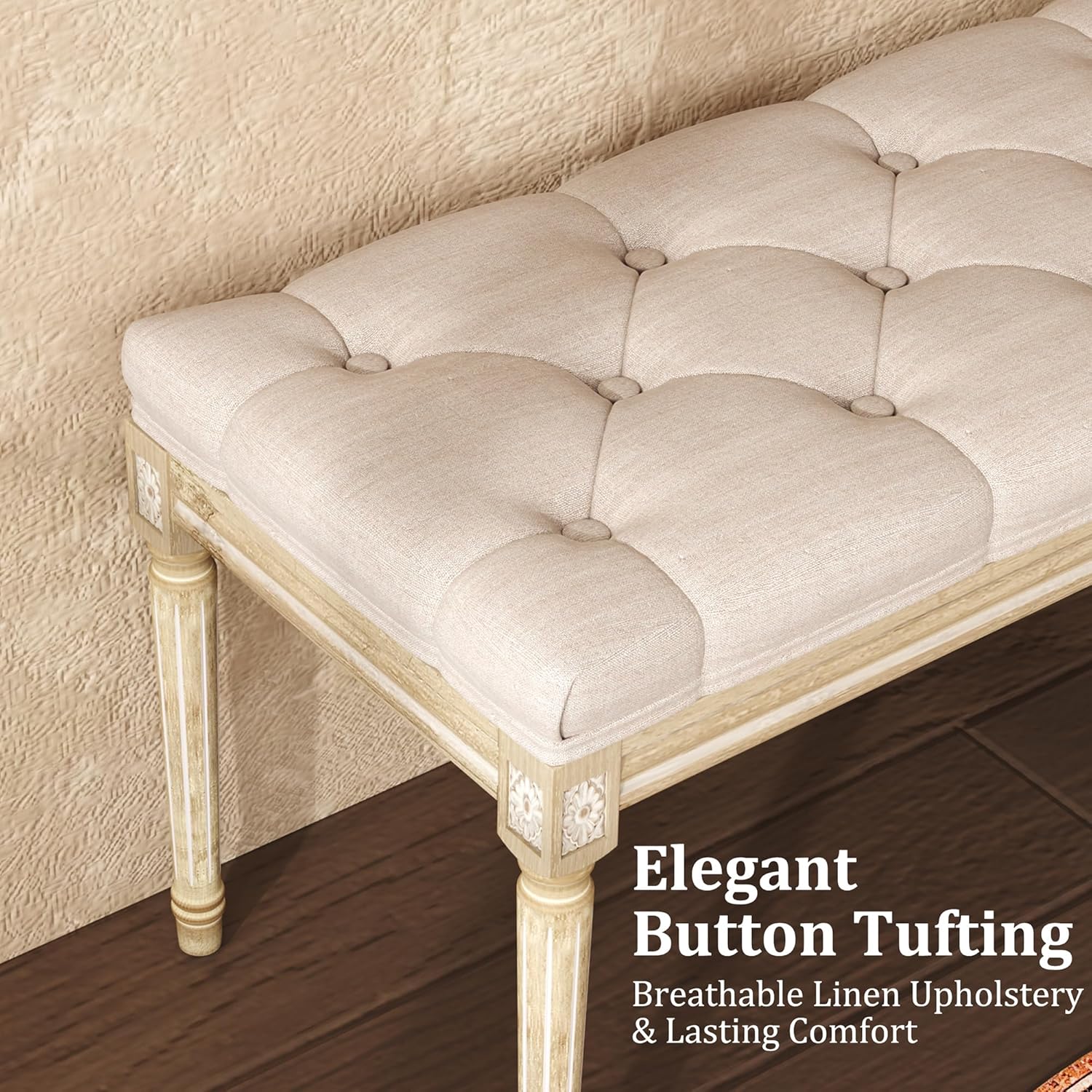 Elegant upholstered bedroom bench with button tufting and breathable linen upholstery for lasting comfort