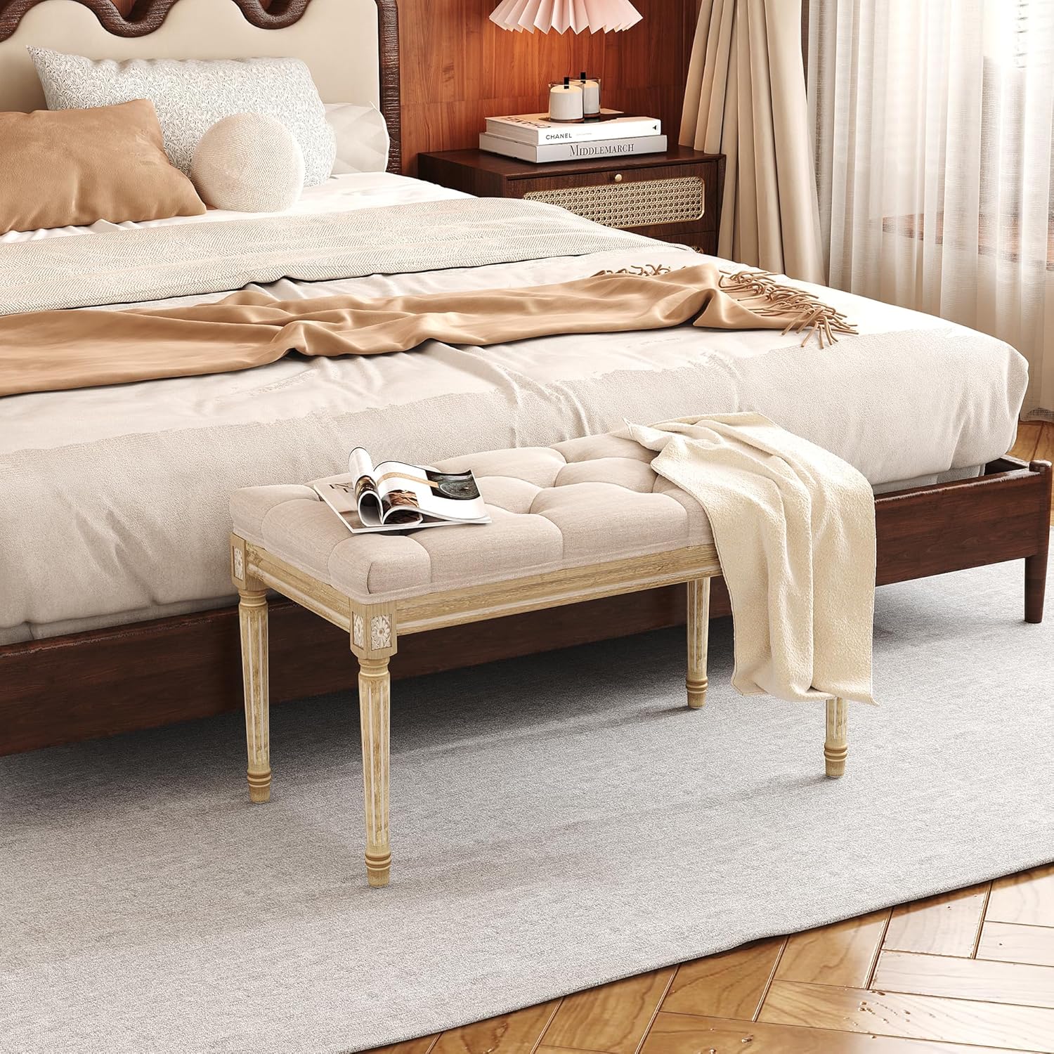 Elegant upholstered bedroom bench with tufted design, perfect for adding style to your bedroom decor
