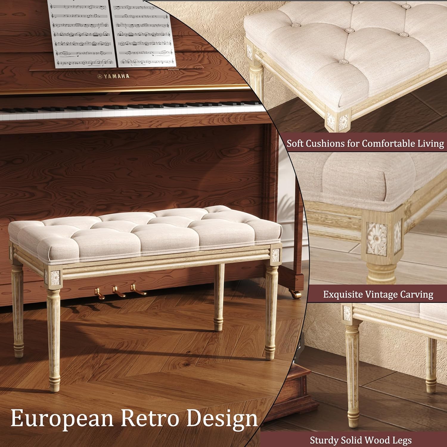 Upholstered bedroom bench with soft cushions and vintage carving for elegant decor