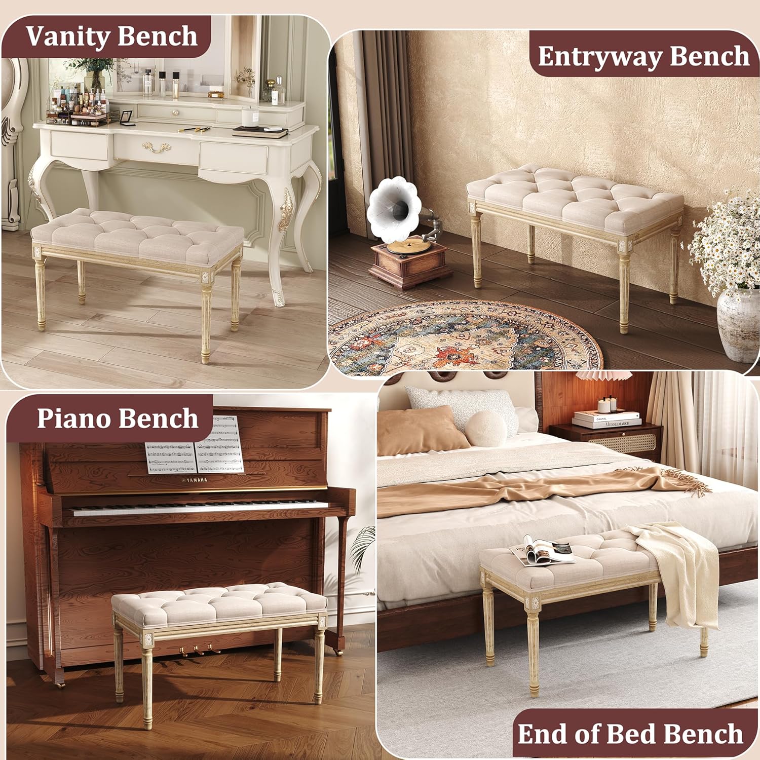 Fixtur Services Upholstered Bedroom Bench in Beige, Ideal for Vanity, Entryway, or Bed End