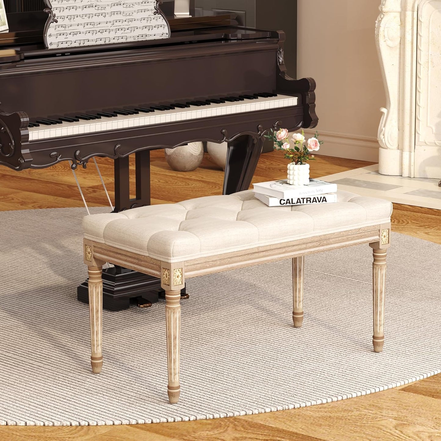 Elegant upholstered bedroom bench with tufted fabric and decorative legs, ideal for luxury decor